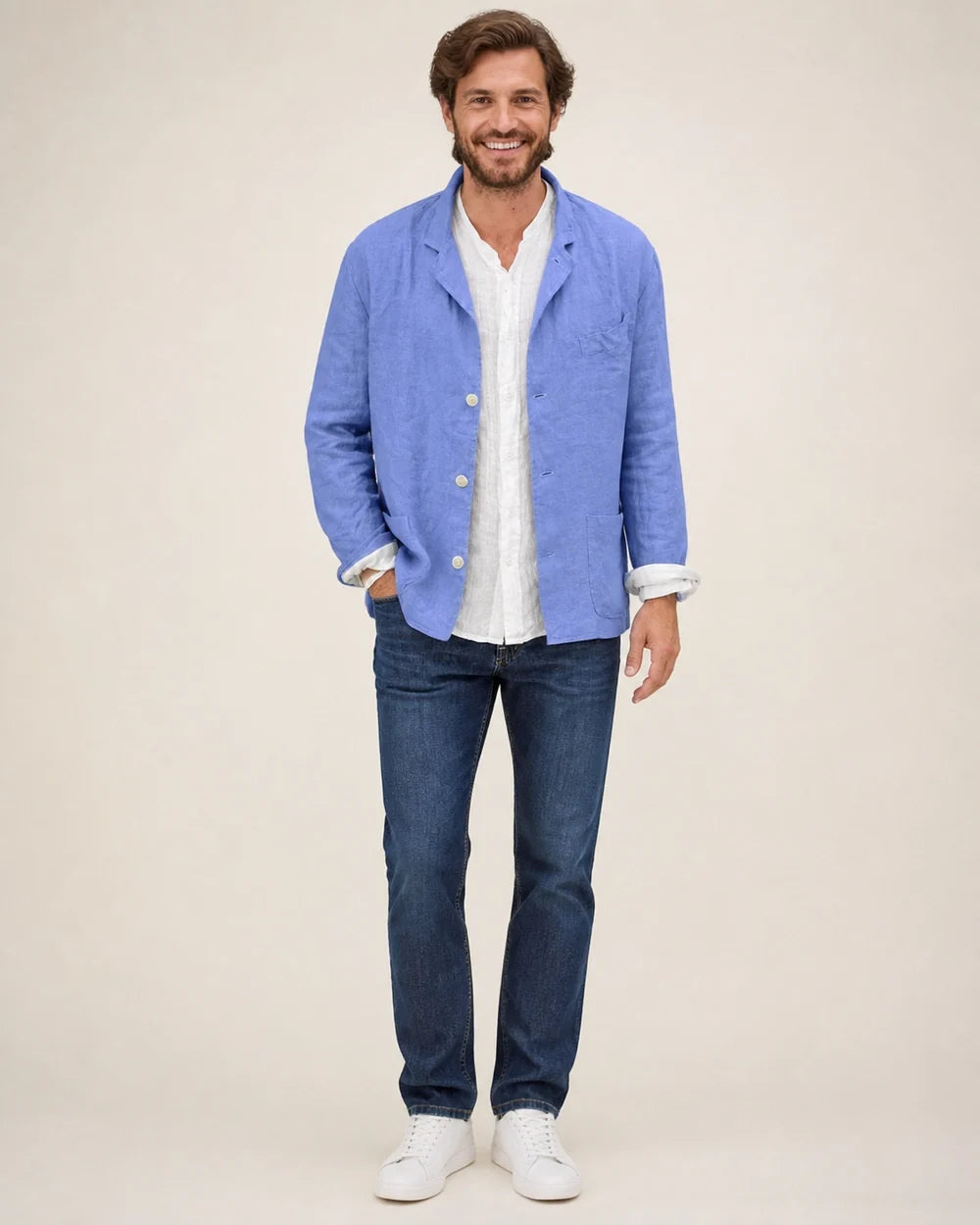 Men's casual cotton-linen three-button blazer – 02 blue front