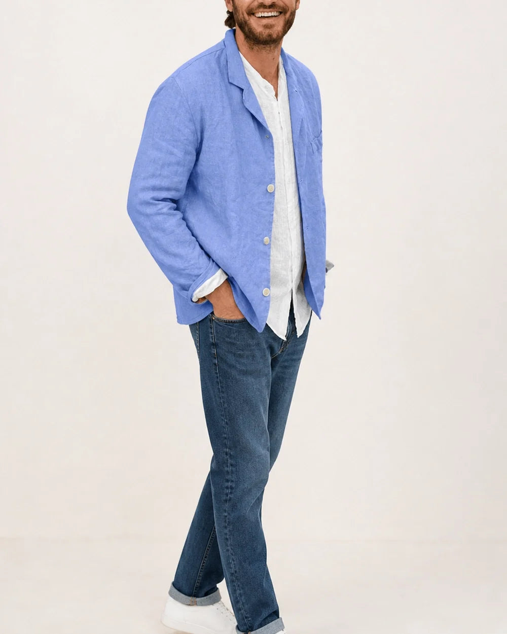 Men's casual cotton-linen three-button blazer – 03 blue three quarter
