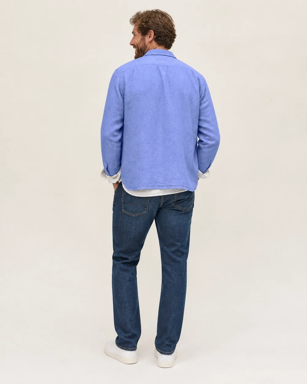 Men's casual cotton-linen three-button blazer – 04 blue back