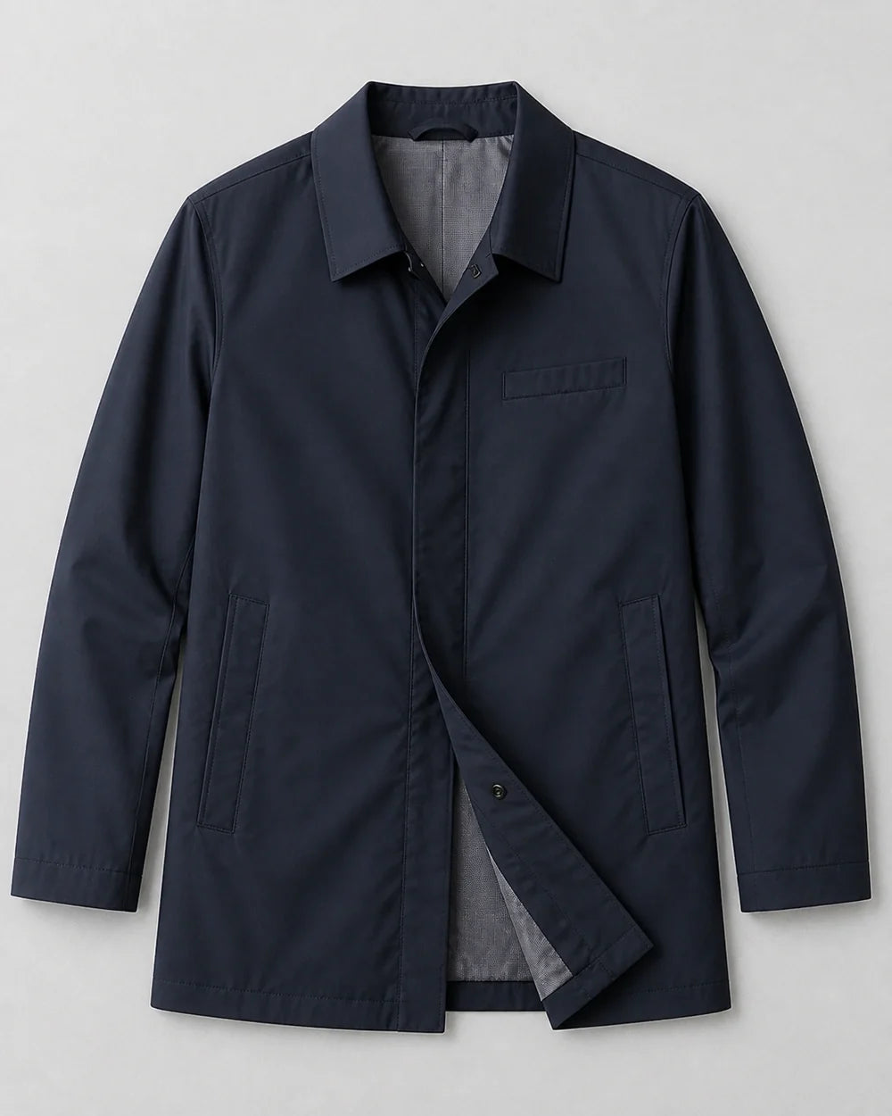 Dark blue mid-length coat for men, flat-lay view.