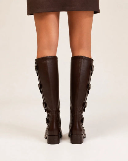 Brown knee-high multi-buckle biker boots rear view
