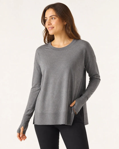 Women's charcoal dolman thumbhole pullover, product-first worn front view