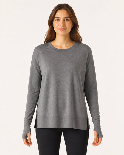 Women's charcoal dolman thumbhole pullover, straight front view