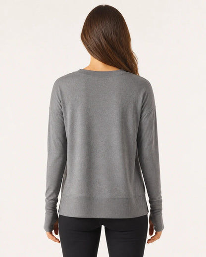 Women's charcoal dolman thumbhole pullover, true back view