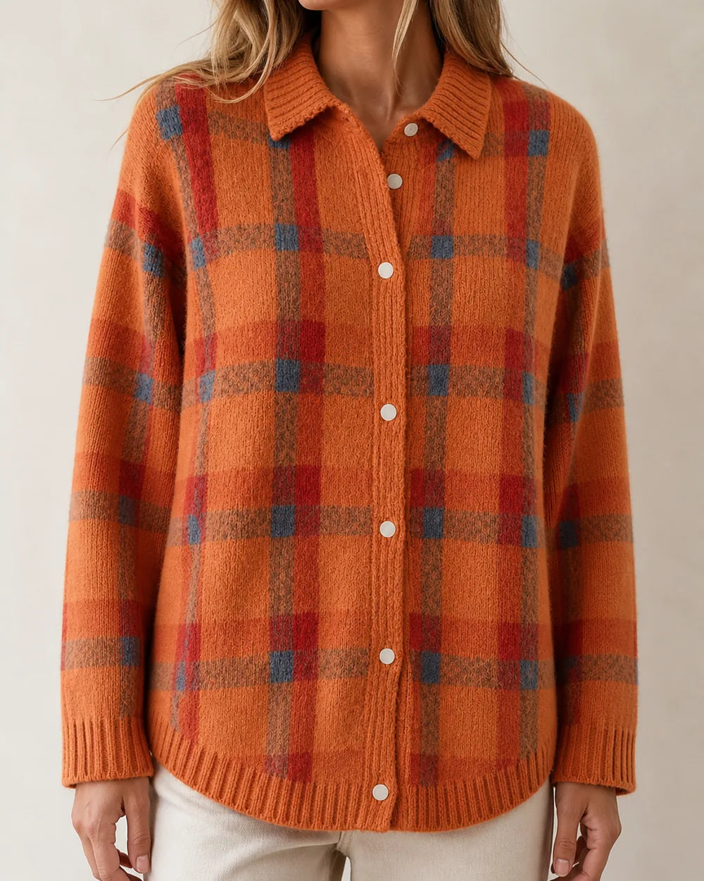 Women's orange checked button-front knit, product-first front view.