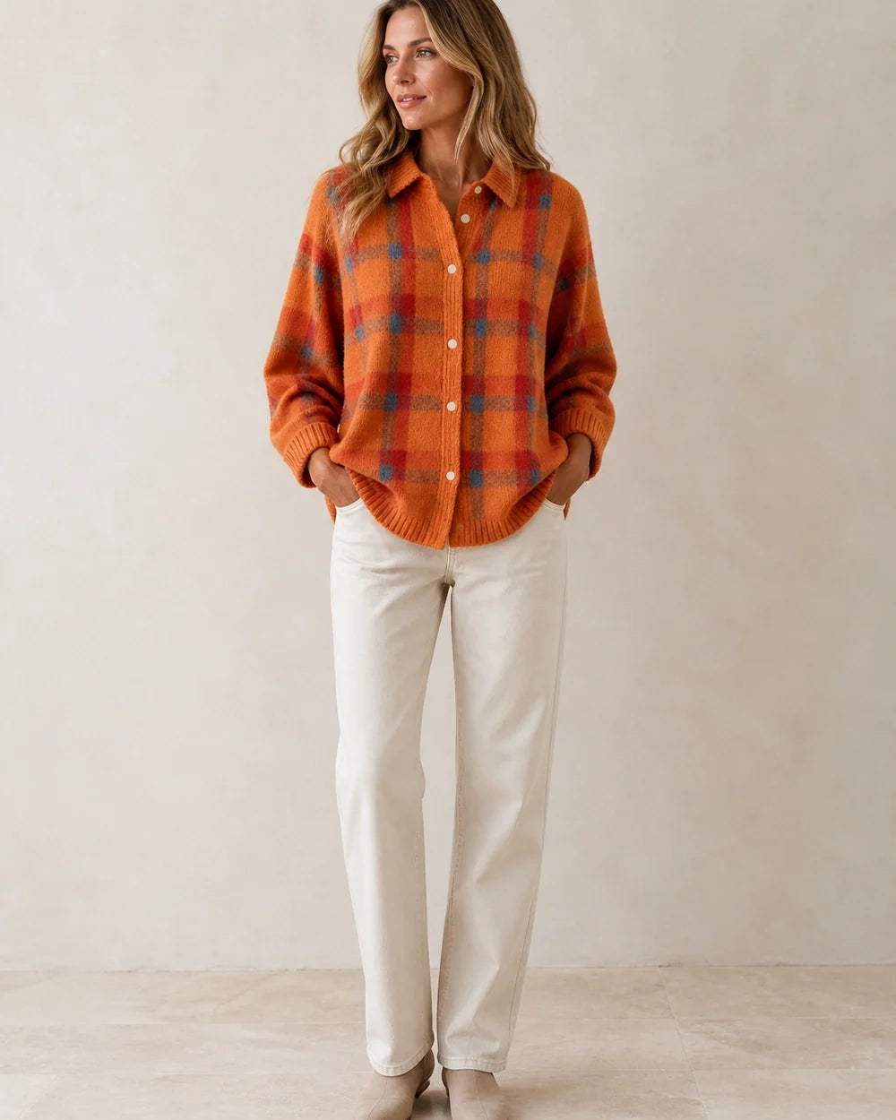 Women's orange checked button-front knit, complete styled silhouette.