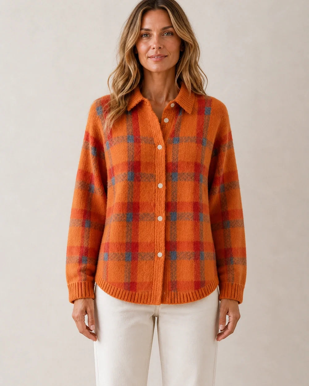 Women's orange checked button-front knit, straight front fit view.