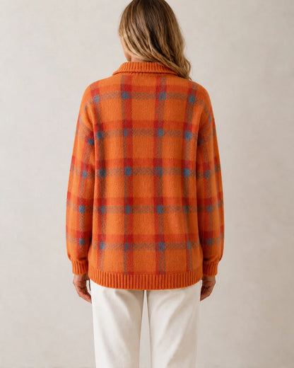 Women's orange checked button-front knit, rear fit view.