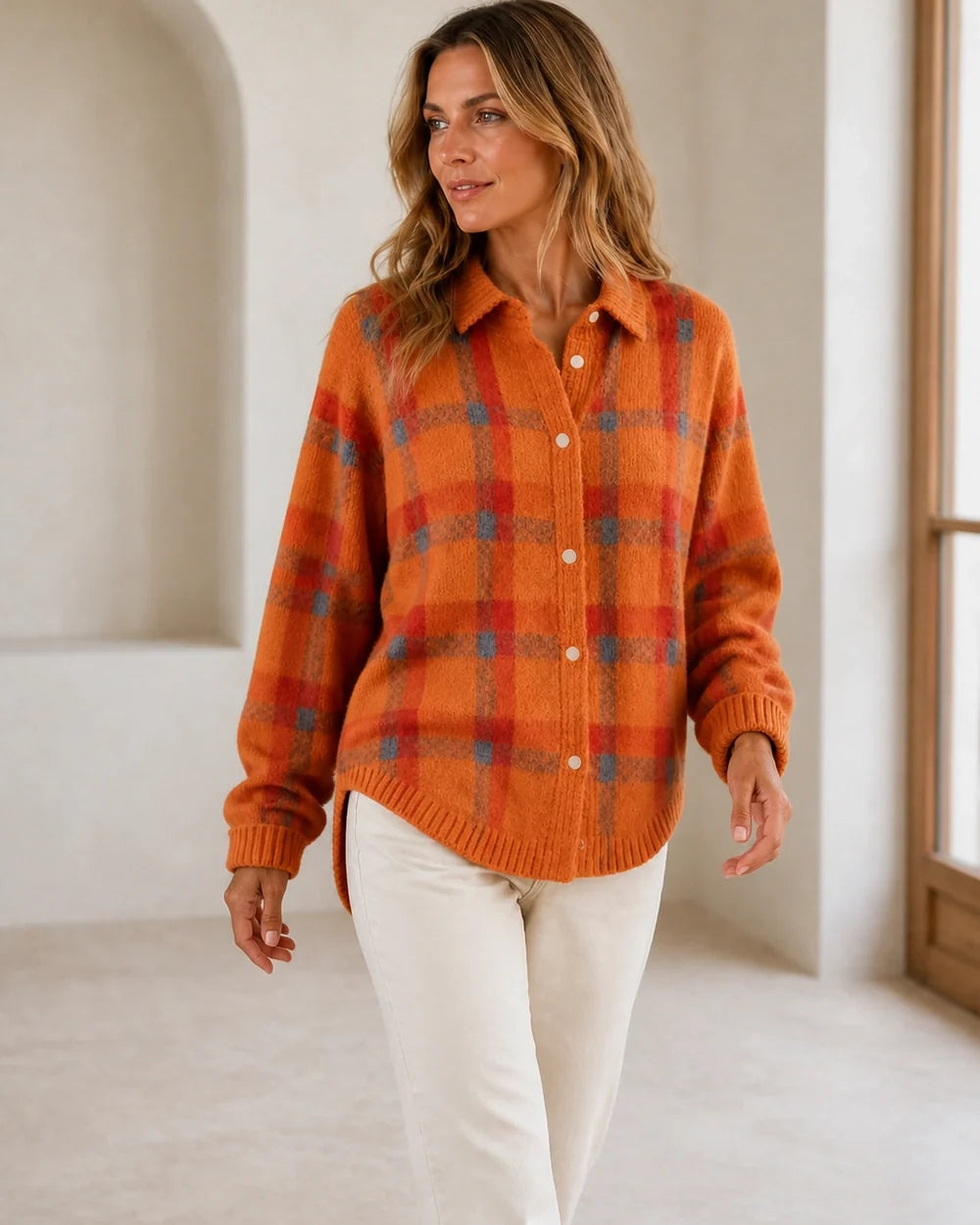 Women's orange checked button-front knit in motion.