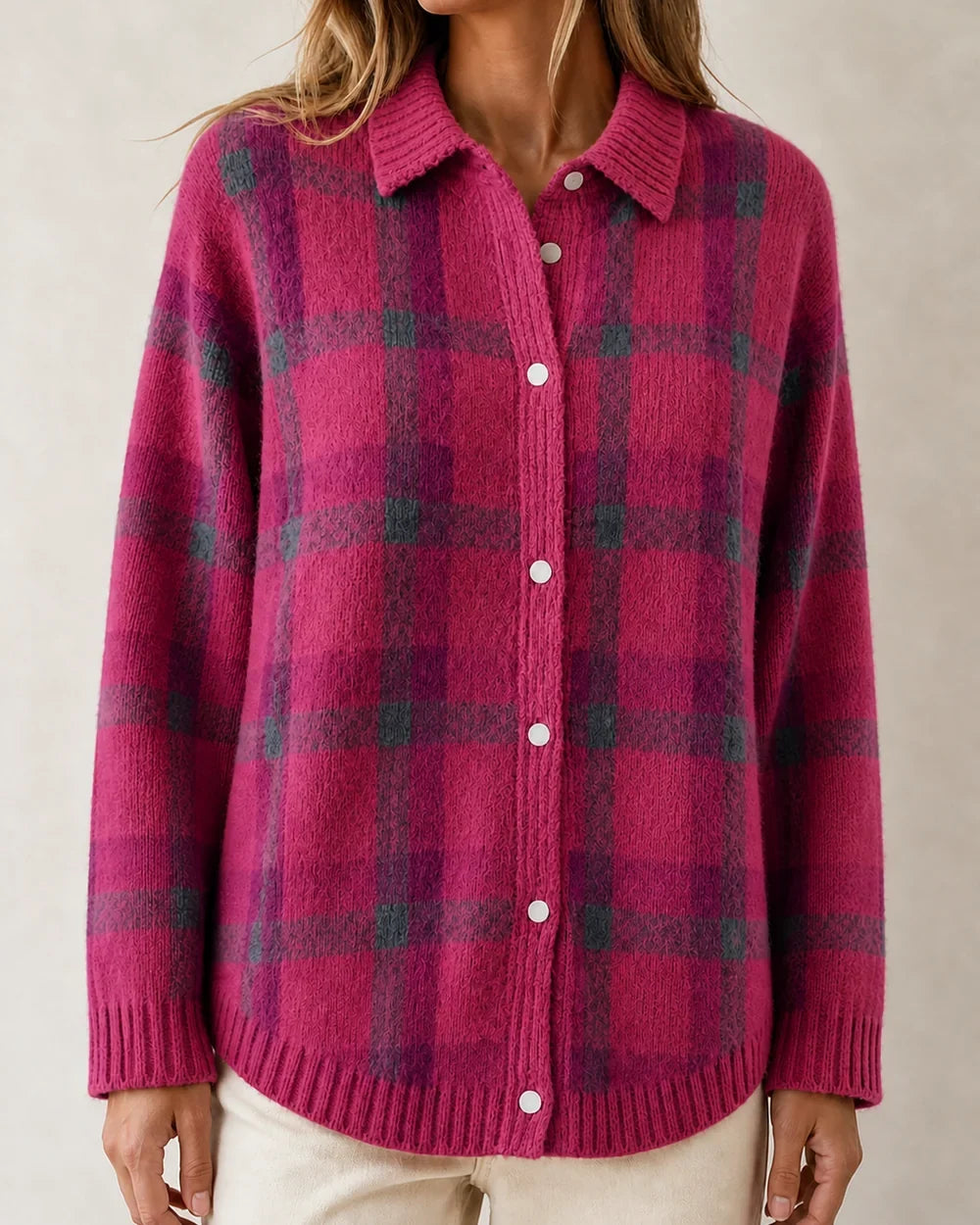 Women's Red variant checked button-front knit, product-first view.