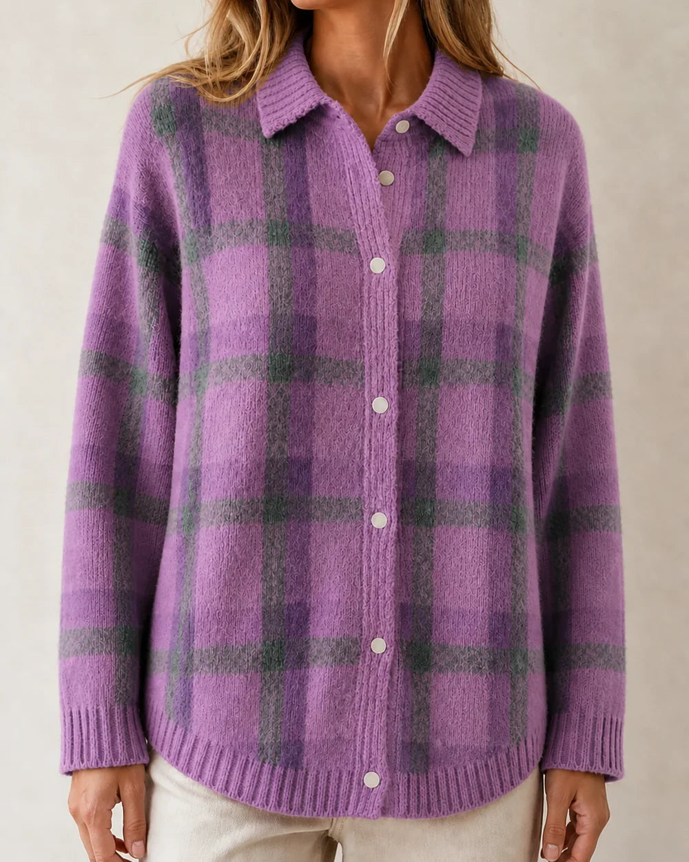 Women's Purple variant checked button-front knit, product-first view.