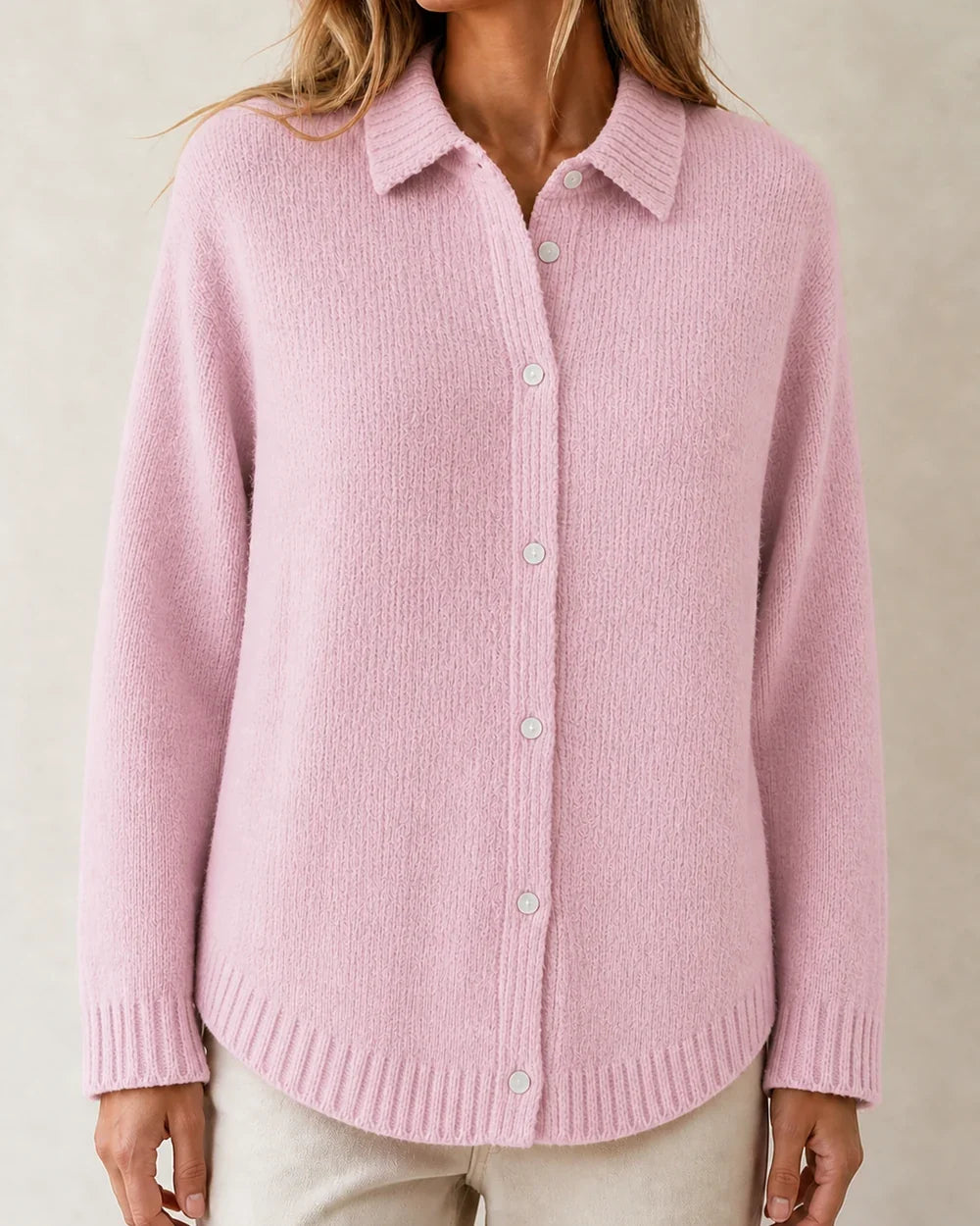 Women's Pink variant plain button-front knit, product-first view.