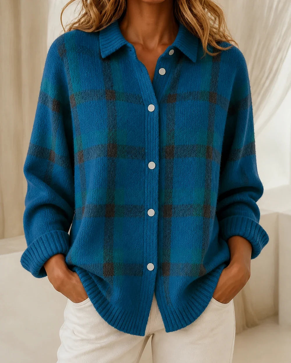 Women's Blue variant checked button-front knit, product-first view.