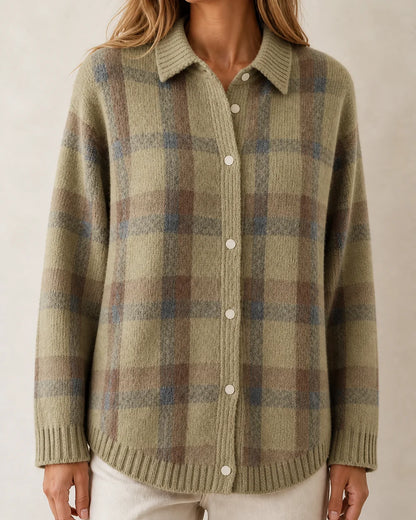 Women's Light Green source variant checked button-front knit, product-first view.