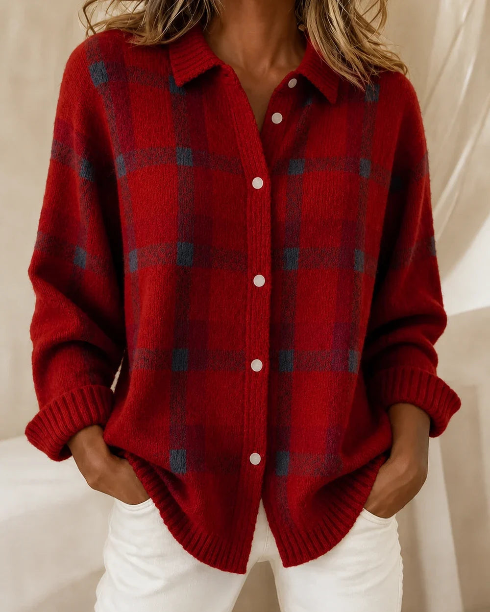 Women's Burgundy variant checked button-front knit, product-first view.