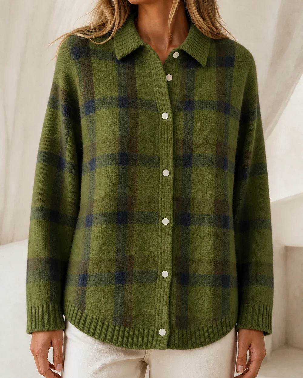 Women's Dark Green variant checked button-front knit, product-first view.