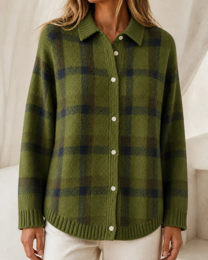 Women's Dark Green variant checked button-front knit, product-first view.