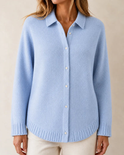 Women's Sky Blue variant plain button-front knit, product-first view.