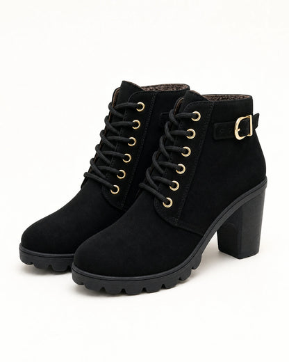 Momount Women Chunky-Heel Ankle Boots – Lace-Up, Gold-Tone Buckle, black, product only.
