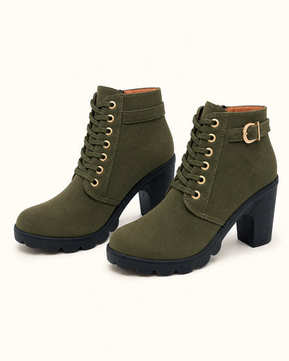Momount Women Chunky-Heel Ankle Boots – Lace-Up, Gold-Tone Buckle, green, variant hero.