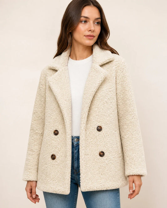 Cream White double-breasted teddy coat worn, product hero.