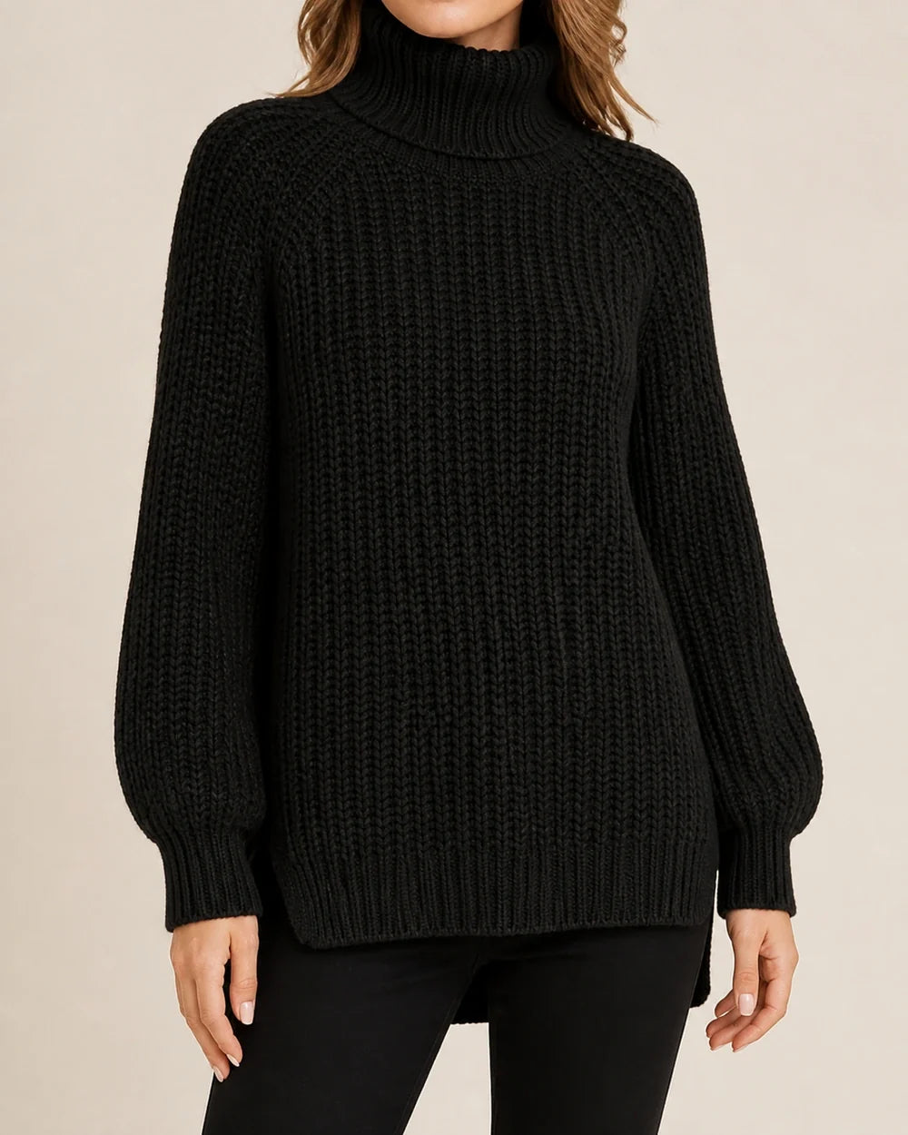 Women's high-neck raglan chunky-knit sweater, black hero