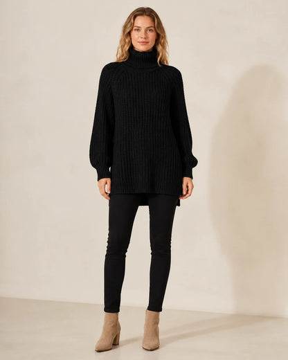Women's high-neck raglan chunky-knit sweater, black full front