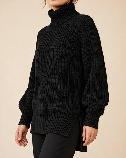 Women's high-neck raglan chunky-knit sweater, black three quarter