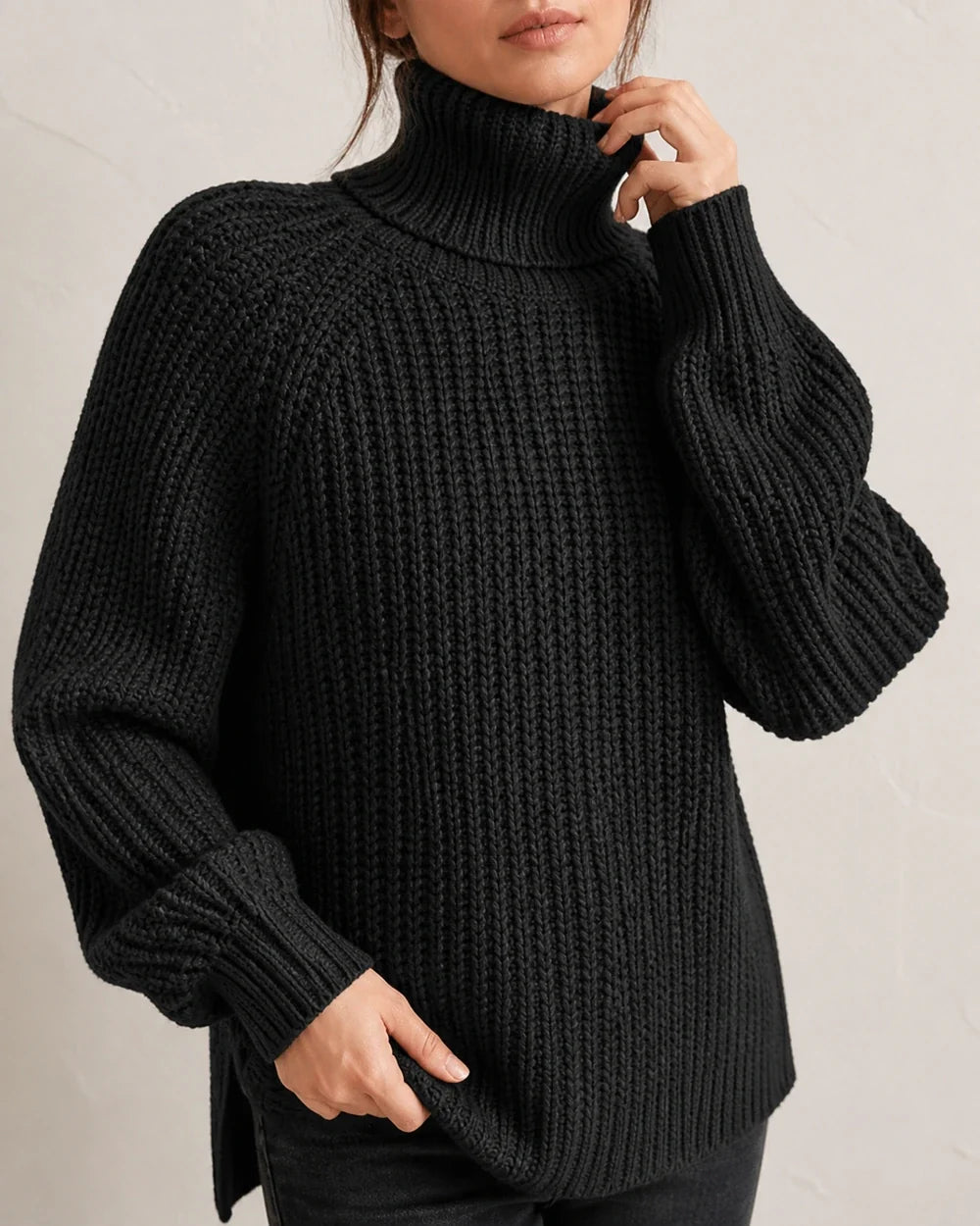 Women's high-neck raglan chunky-knit sweater, black detail