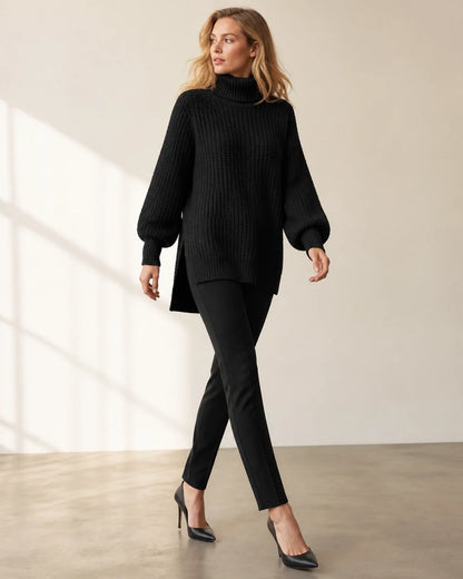 Women's high-neck raglan chunky-knit sweater, black movement