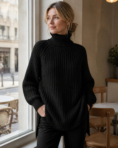 Women's high-neck raglan chunky-knit sweater, black lifestyle
