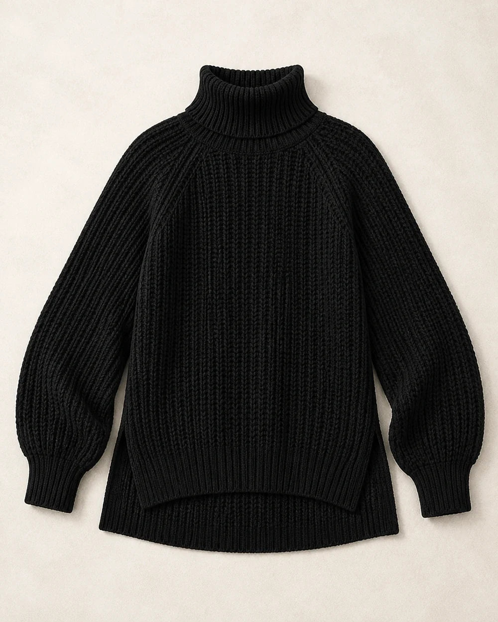 Women's high-neck raglan chunky-knit sweater, black flatlay