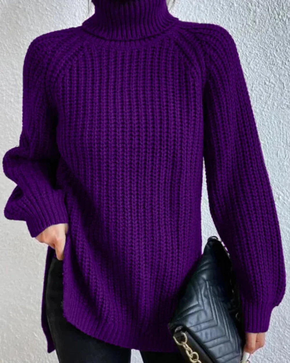 Women's high-neck raglan chunky-knit sweater, purple hero