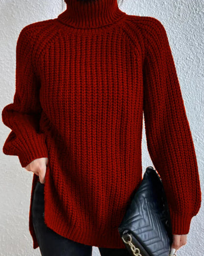 Women's high-neck raglan chunky-knit sweater, red hero