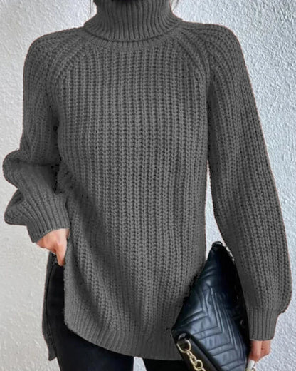 Women's high-neck raglan chunky-knit sweater, grey hero