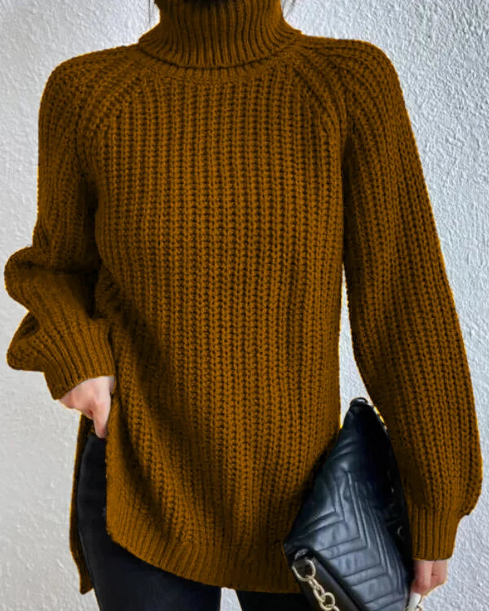 Women's high-neck raglan chunky-knit sweater, dark brown hero