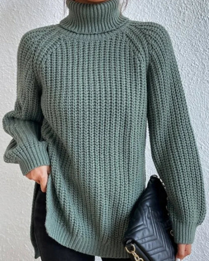 Women's high-neck raglan chunky-knit sweater, green hero