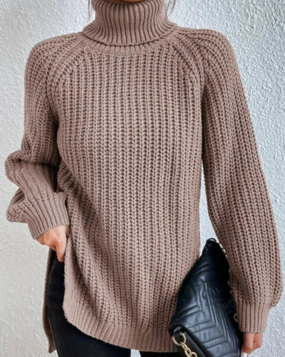 Women's high-neck raglan chunky-knit sweater, khaki hero
