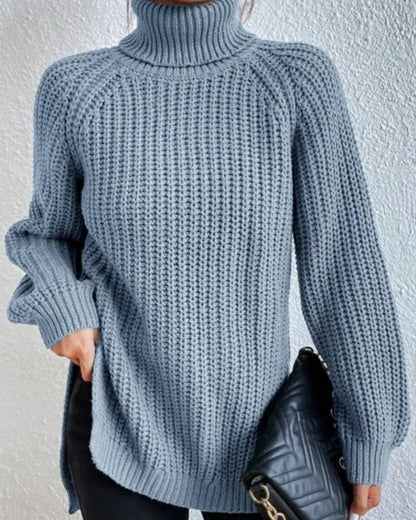 Women's high-neck raglan chunky-knit sweater, light blue hero