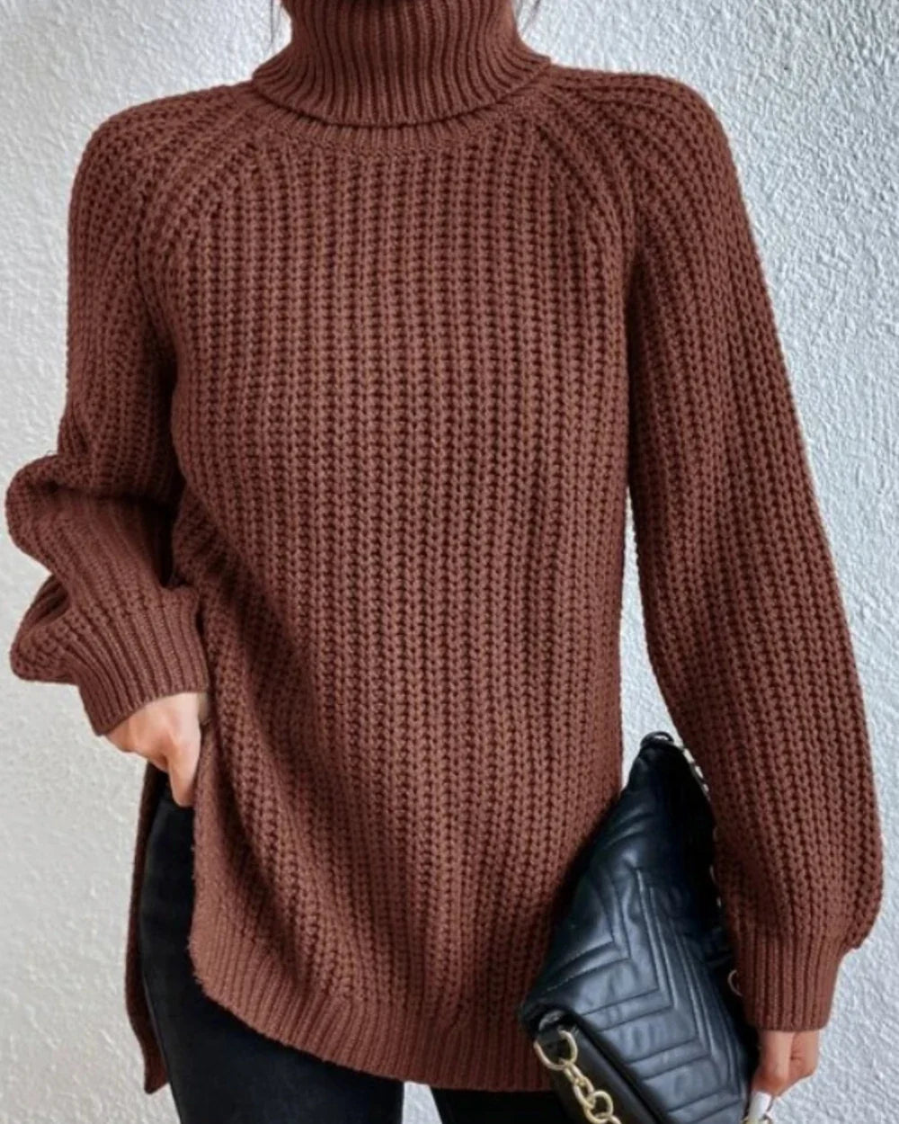 Women's high-neck raglan chunky-knit sweater, brown hero
