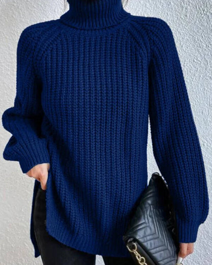 Women's high-neck raglan chunky-knit sweater, dark blue hero