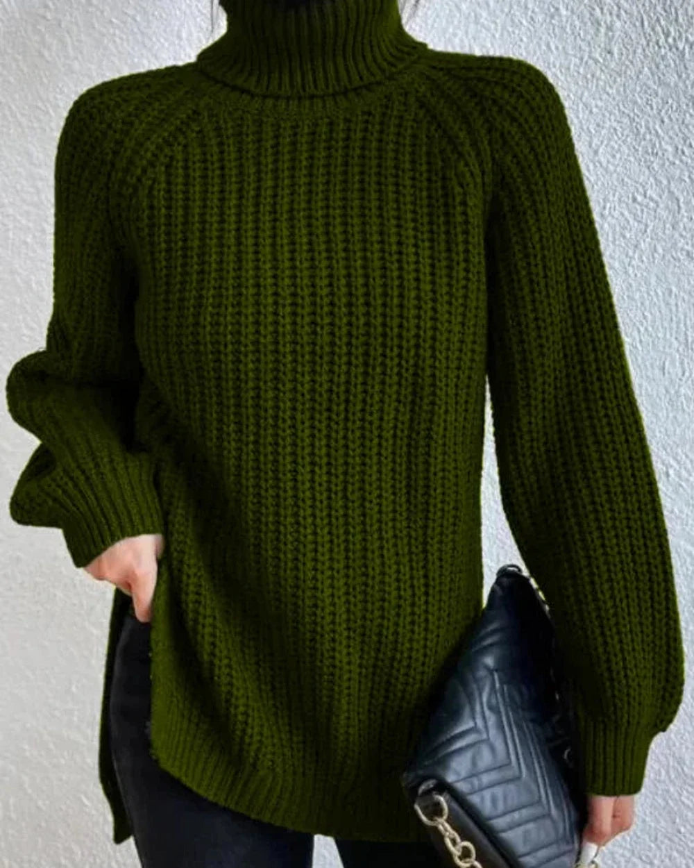 Women's high-neck raglan chunky-knit sweater, dark green hero
