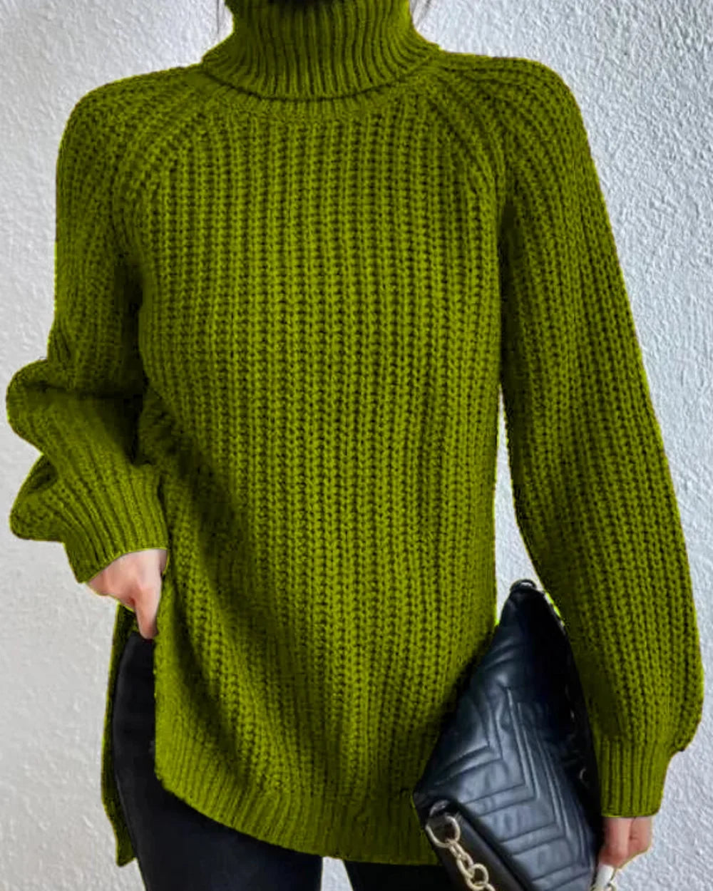 Women's high-neck raglan chunky-knit sweater, light green hero