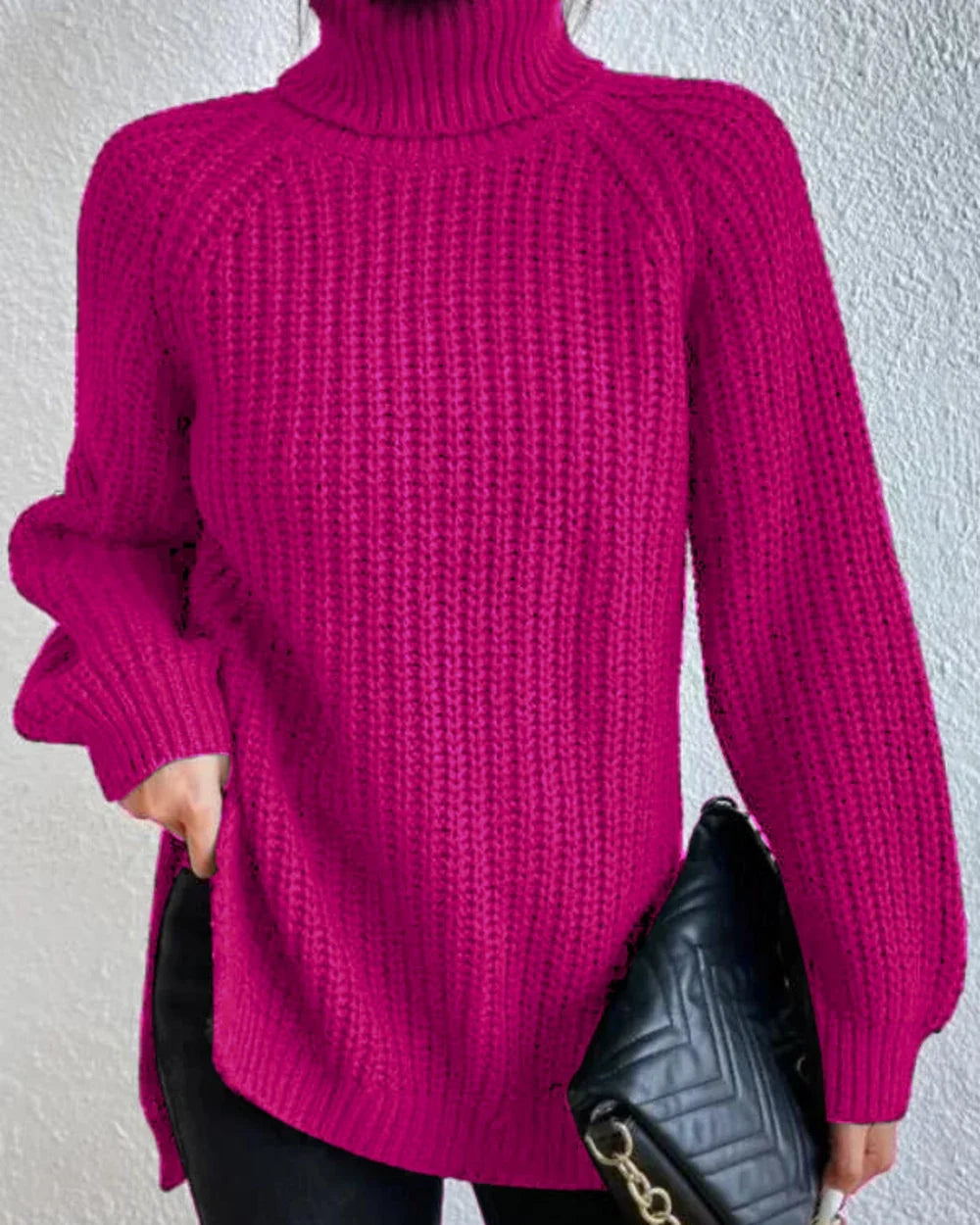 Women's high-neck raglan chunky-knit sweater, pink hero