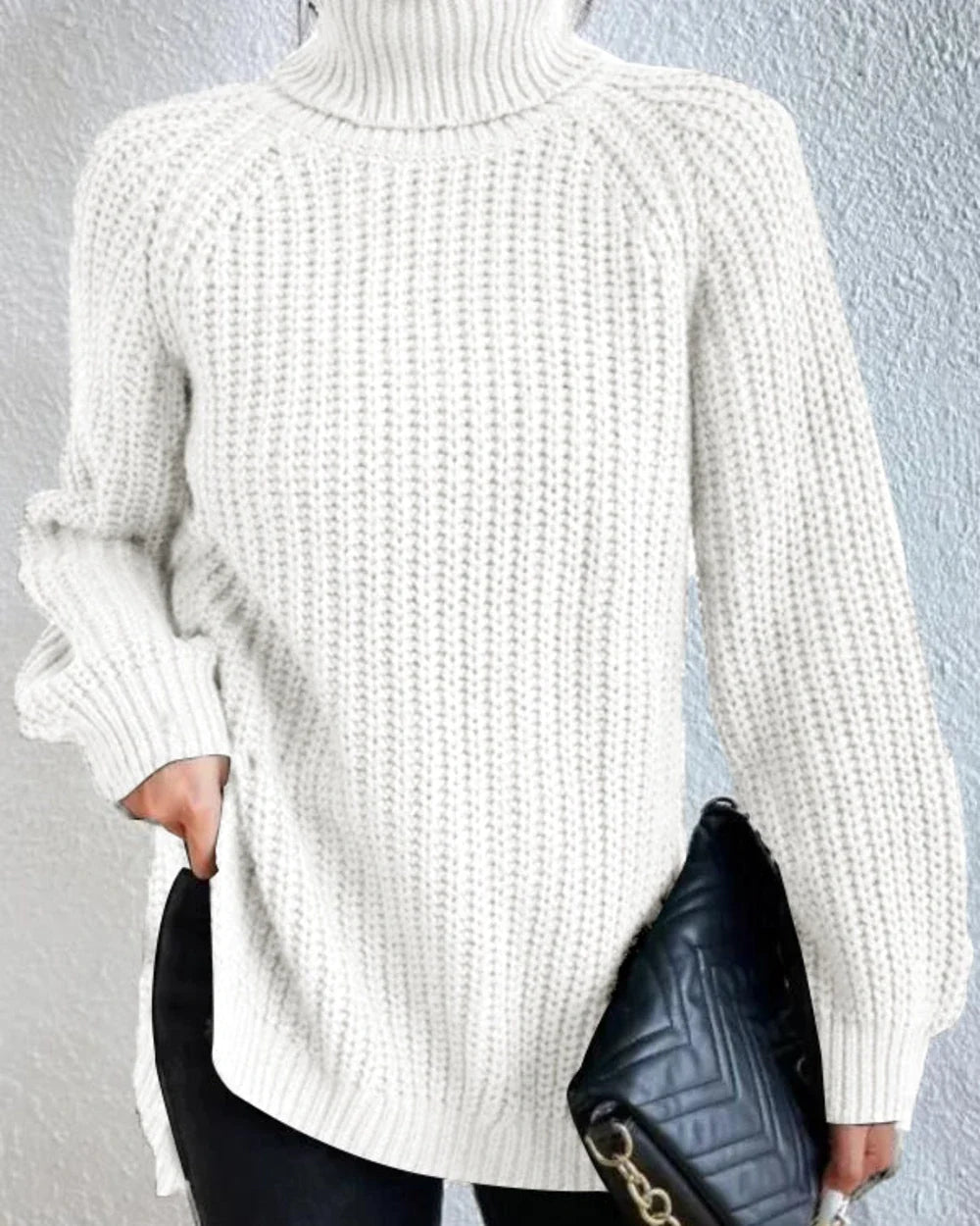 Women's high-neck raglan chunky-knit sweater, white hero