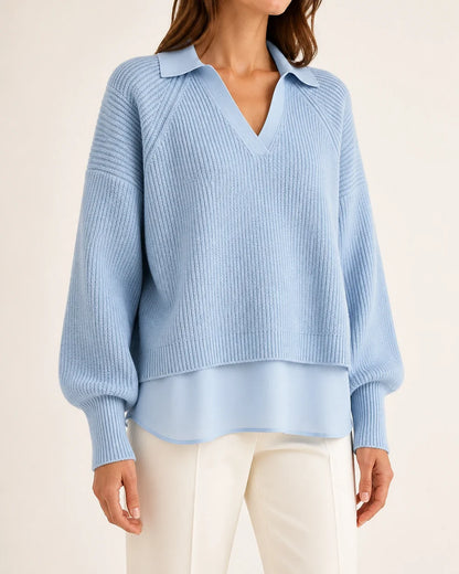 Women's powder-blue layered-look ribbed sweater, worn front hero