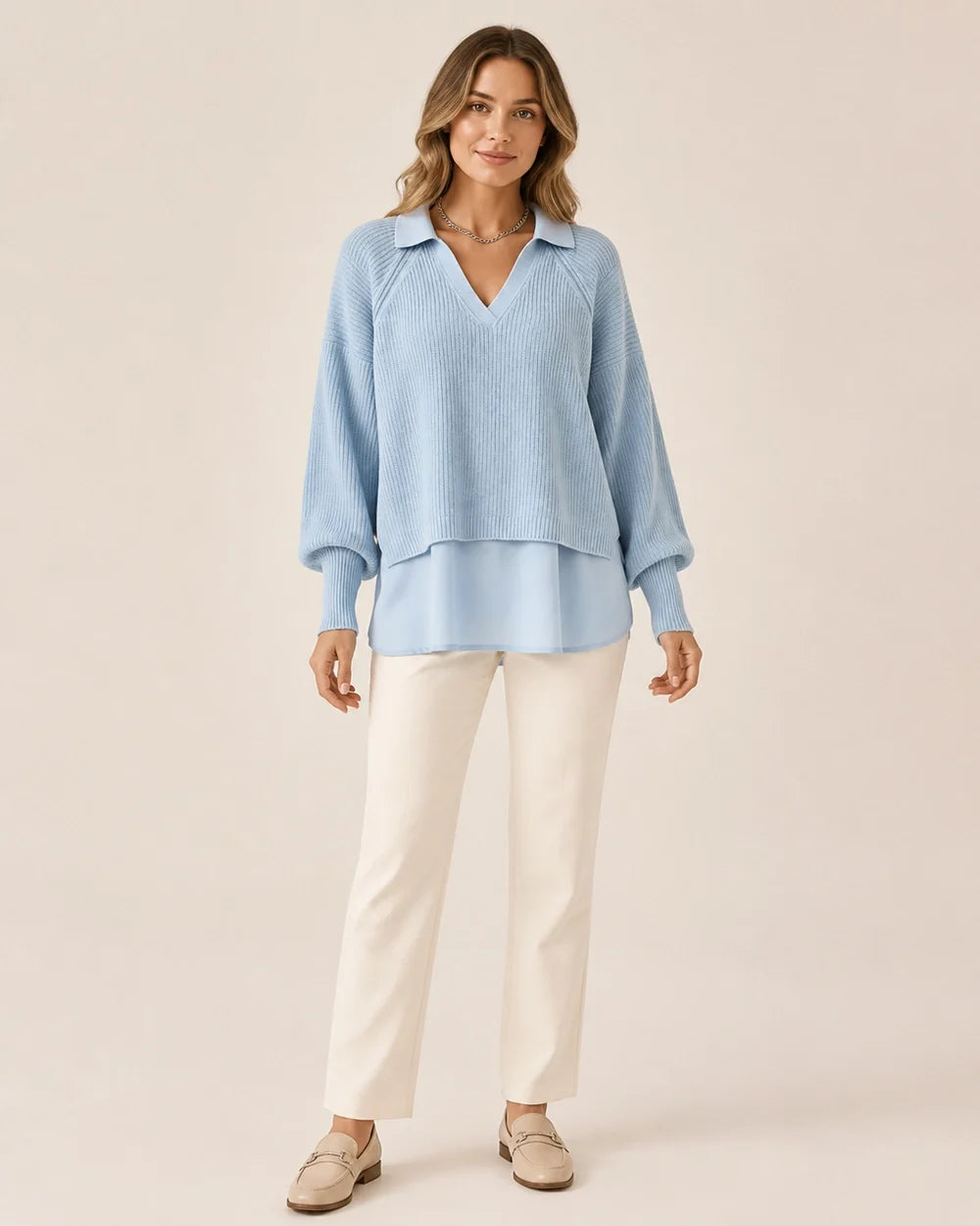 Women's powder-blue layered-look ribbed sweater, full front