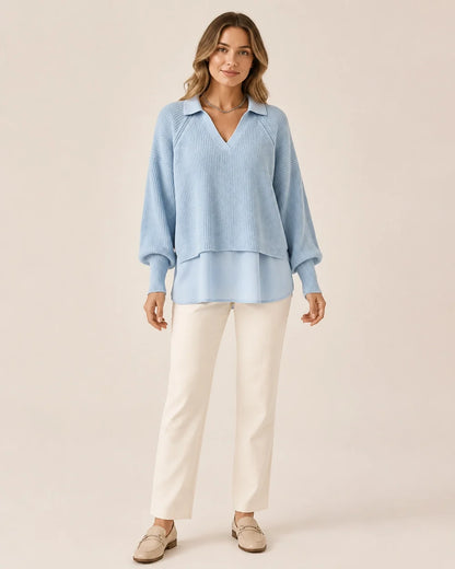 Women's powder-blue layered-look ribbed sweater, full front