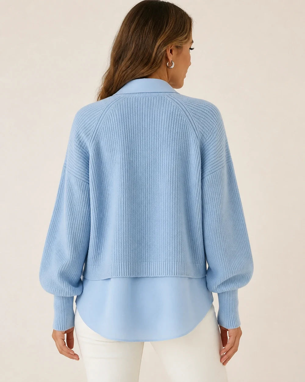 Women's powder-blue layered-look ribbed sweater, back view