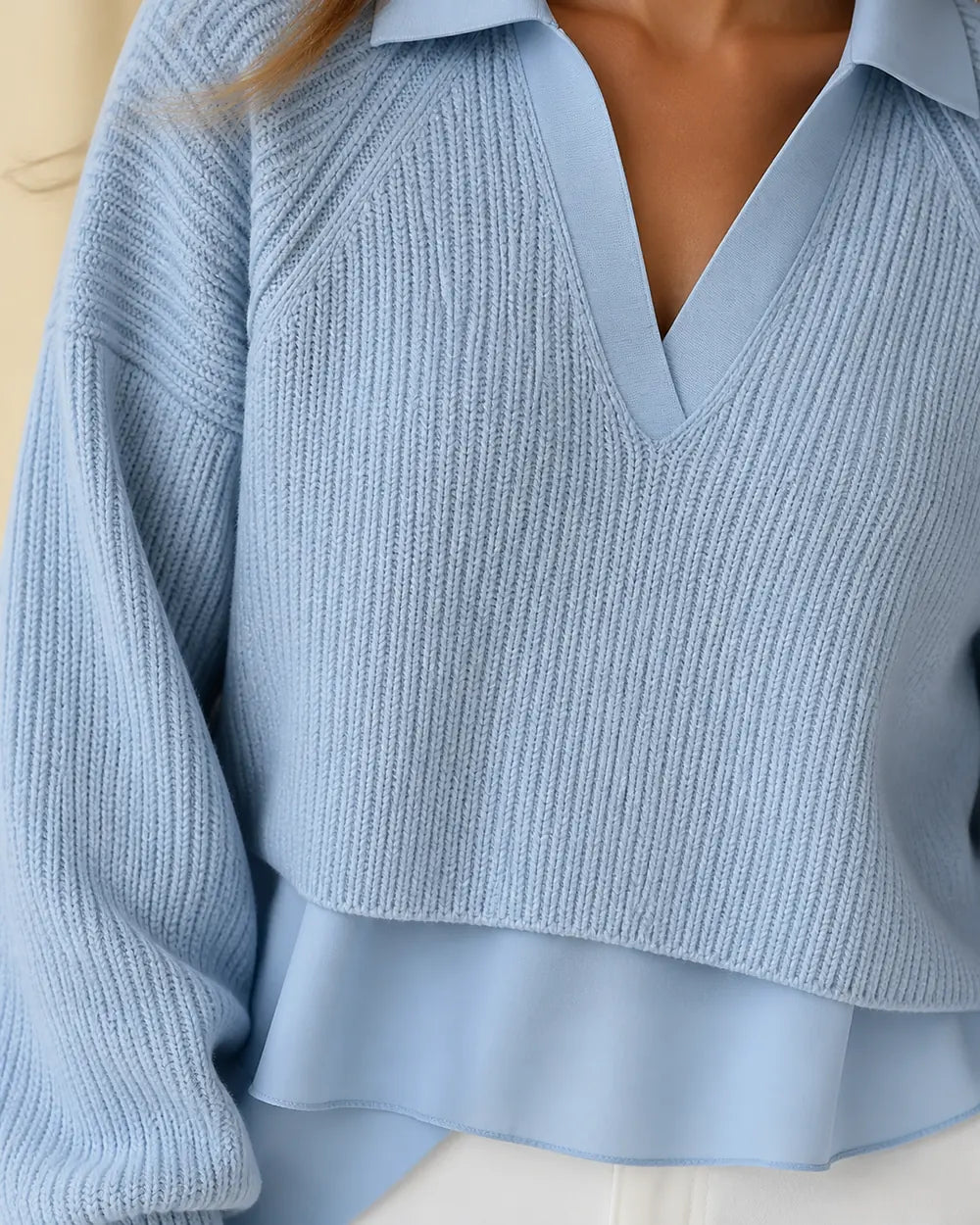 Women's powder-blue layered-look sweater, collar and knit detail